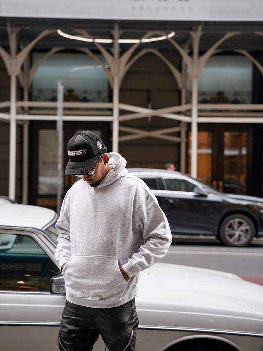340 GSM Premium Heavyweight Hoodie — 01 HERO model grey hoodie walking manhattan